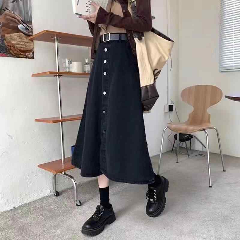 乐天商城 - スカート レディース 半身スカート Aライン デニム 黒 大きいサイズ 単排ボタン 大きめ裾 綿素材 都市カジュアル 日常使い 18-24歳向け 春夏