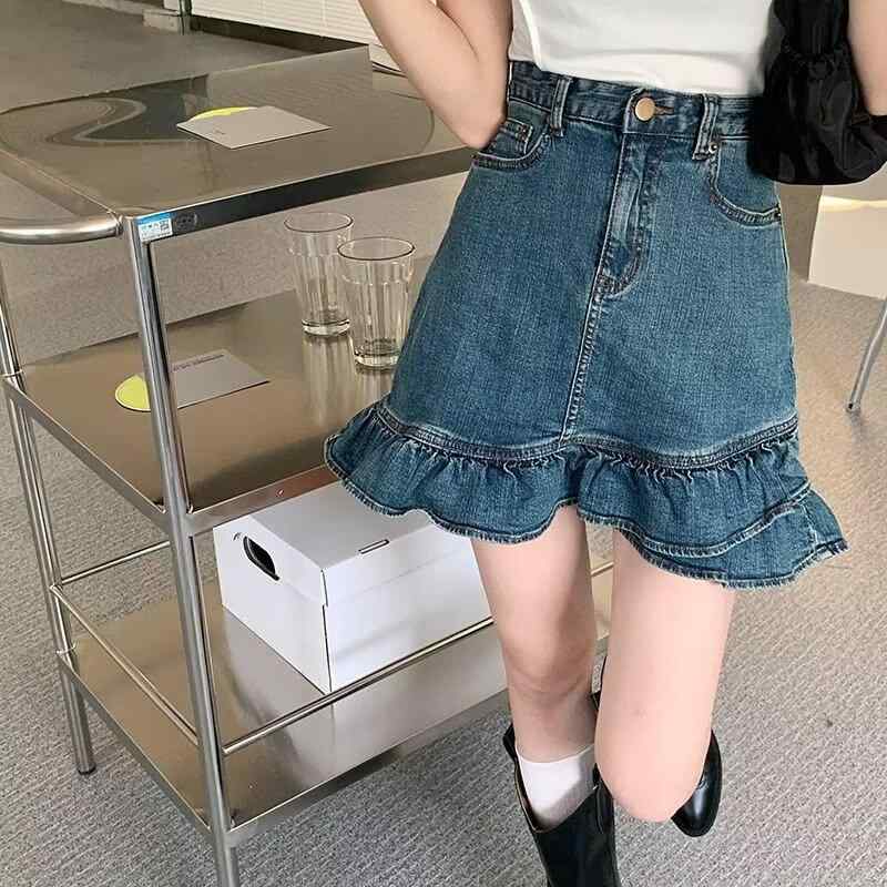 樂天商城 - スカート レディース 牛仔スカート 半身スカート 夏 薄手 高腰 显瘦 Aライン 鱼尾スカート 荷叶边 フレア デニム コットン 微弹 口袋 ポケット 短丈 スカート ブルー デニムブルー 軽量 快適 普段使い 通勤 カジュアル デイリー 韓国風 日韓ス