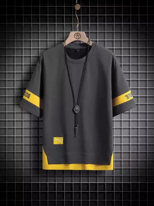 乐天商城 - メンズ Tシャツ 半袖 トップス 港風 トレンド シンプル ルーズ フィット 韓国風 カジュアル ストリート ファッション 青少年 日常 使い 白色 灰色 黒 湖ブルー 化繊混紡 ポリエステル 抑菌 処理 免烫 丸首 セットアップ なし 普通 厚み 春夏