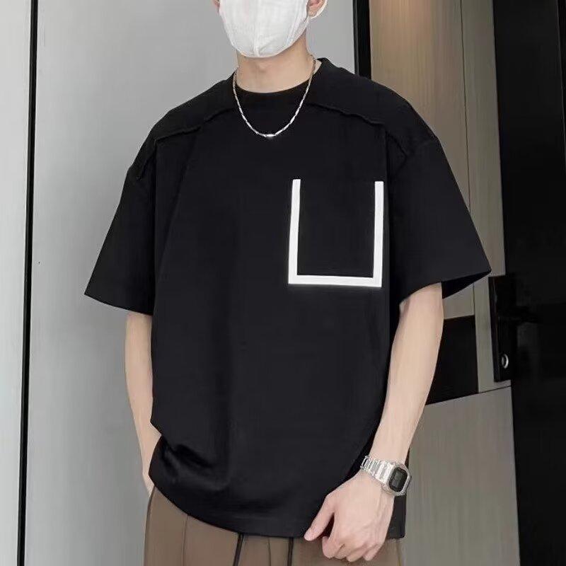 T-Shirts （Half Sleeves） - メンズ Tシャツ 半袖 夏 韓国風 男性用 トップス ゆったり トレンド 個性 ラウンドネック 切り替え コントラストカラー 大型ポケット 休闲 短袖 涼しい 薄手 ポケット付き 黒 白 青年向け カジュアル