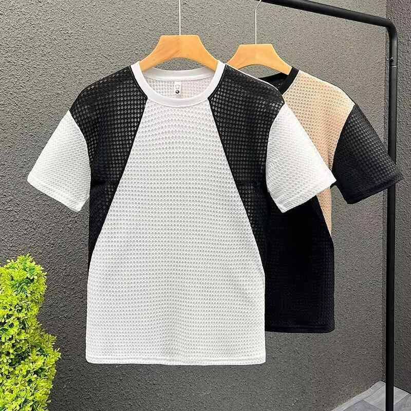 T-Shirts （Short Sleeve） - Tシャツ メンズ 短袖 夏季 薄手 修身 丸首 無帽 韓版 デザイン 透け感 切り替え 純色 ポリエステル 混紡 透気 ファッション 都会 日常 青年 白色 黒色 メッシュ トップス 涼しい 軽量 吸いやすい 通勤 普段使い カジュアル