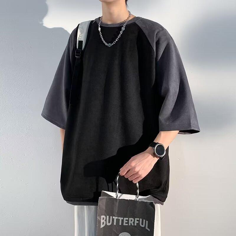 ・カテゴリ: Tシャツ・スタイル: 韓版・版型: 寛鬆型・適合人群: 青少年・淘貨カテゴリ: ファッション都市（24-35歳）・款式: 套頭・領型: 圓領・袖長: 五分袖/中袖・厚薄: 普通・適用場景: 運動・款式細節: 拼色・袖型: 常規・適用年齢段: 成人・適用性別: 男・色: 黒色,深灰色,杏色・サイズ展開: M,L,XL,XXL,3XL,4XL,5XL