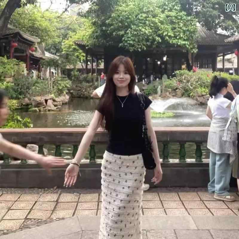 乐天商城 - 半身スカート レディース 春夏 白 蝶結び プリント 花柄 魚尾 包み込み ロングスカート 小柄 女性用 Aライン 気質 通勤 都市風 ポリエステル 95% 花柄 刺繍 レース 夏 かわいい 軽量 フレア フレアシルエット 女性 通勤スタイル