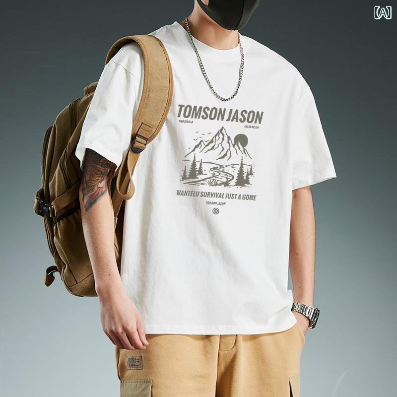 樂天商城 - メンズ Tシャツ 綿 素材 丸首 短袖 スリムフィット デザイン 切り替え プリント 落肩袖 抗菌 耐磨 高弾性 夏 黒 灰 白 ベーシック 普段使い 青年向け