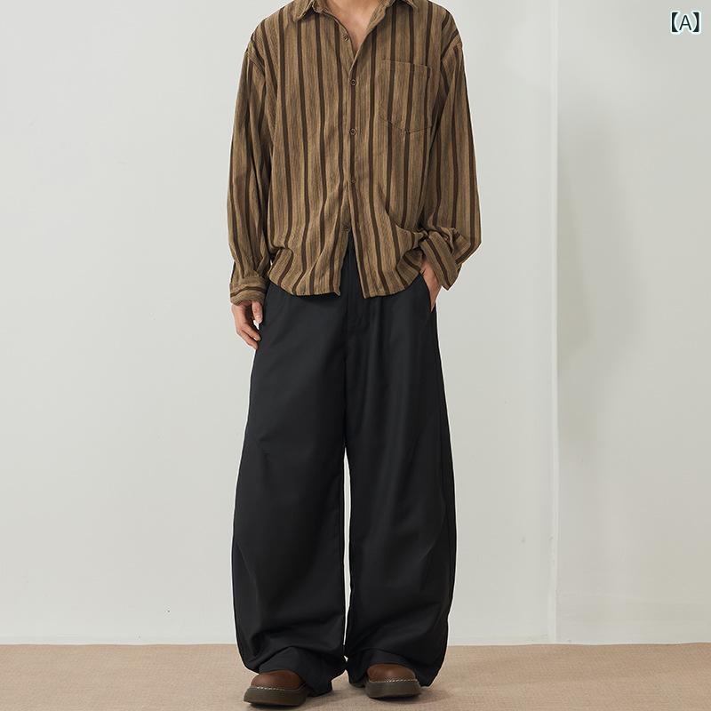 パンツ メンズ レディース ゆったりシルエット プリーツ ワイドレッグ ロング丈 ゆったりスタイル 直筒 ミッドライズ ボタン開閉 普通厚 無地 化繊混紡 ポリエステル 無弾性 黒 灰 オールシーズン ティーン ストリート カジュアル ポケット ビジネス 2