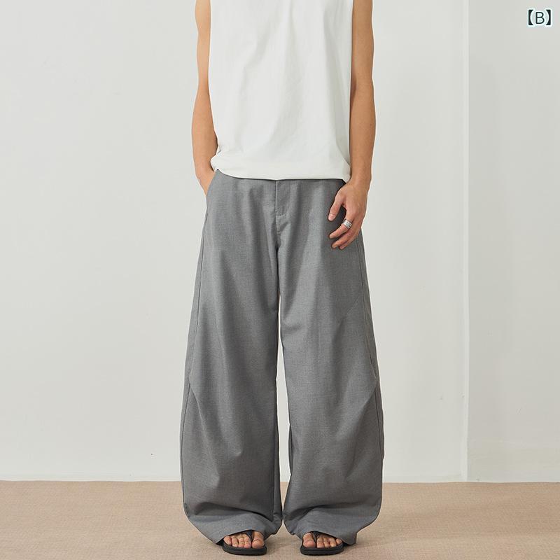 パンツ メンズ レディース ゆったりシルエット プリーツ ワイドレッグ ロング丈 ゆったりスタイル 直筒 ミッドライズ ボタン開閉 普通厚 無地 化繊混紡 ポリエステル 無弾性 黒 灰 オールシーズン ティーン ストリート カジュアル ポケット ビジネス 3