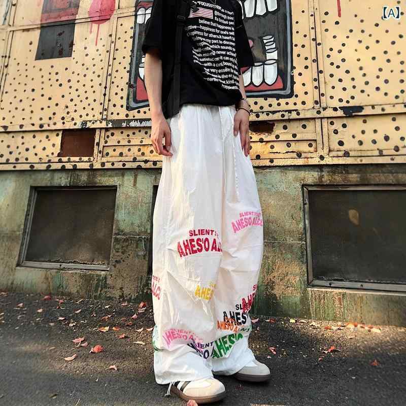 メンズ ロングパンツ 夏用 速乾 ワイドレッグ ゆったり ヒップホップ ストレートレッグ 防晒 UVカット ミックスファブリック ポリエステル 100 日常 日常使い 青少年 ミッドライズ ドローストリング ウエスト ミディアムウェイト プリント ロゴ