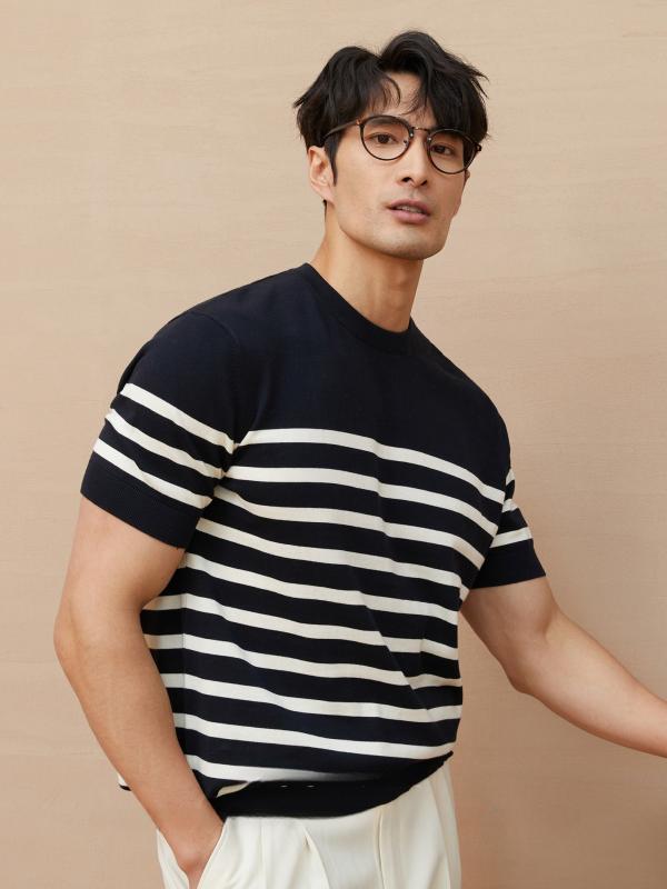 T-Shirts （Short Sleeve） - メンズ Tシャツ 短袖 丸首 韓国風 軽量 透気性 涼感 接触冷感 ポリエステル ストライプ柄 切り替え ビッグシルエット 白 黒 夏 カジュアル トップス 青少年 男性用 ゆったり 日常使い
