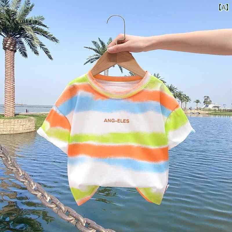 Rakuten - キッズ Tシャツ 男の子 女の子 短袖 綿 半袖 上衣 夏季 夏装 薄手 柔軟素材 丸首 カラフル オレンジ 緑 ピグメント染め プリント 切り替え 柄 3-8歳 100-140cm 100cm 110cm 120cm 130cm 140cm かわいい