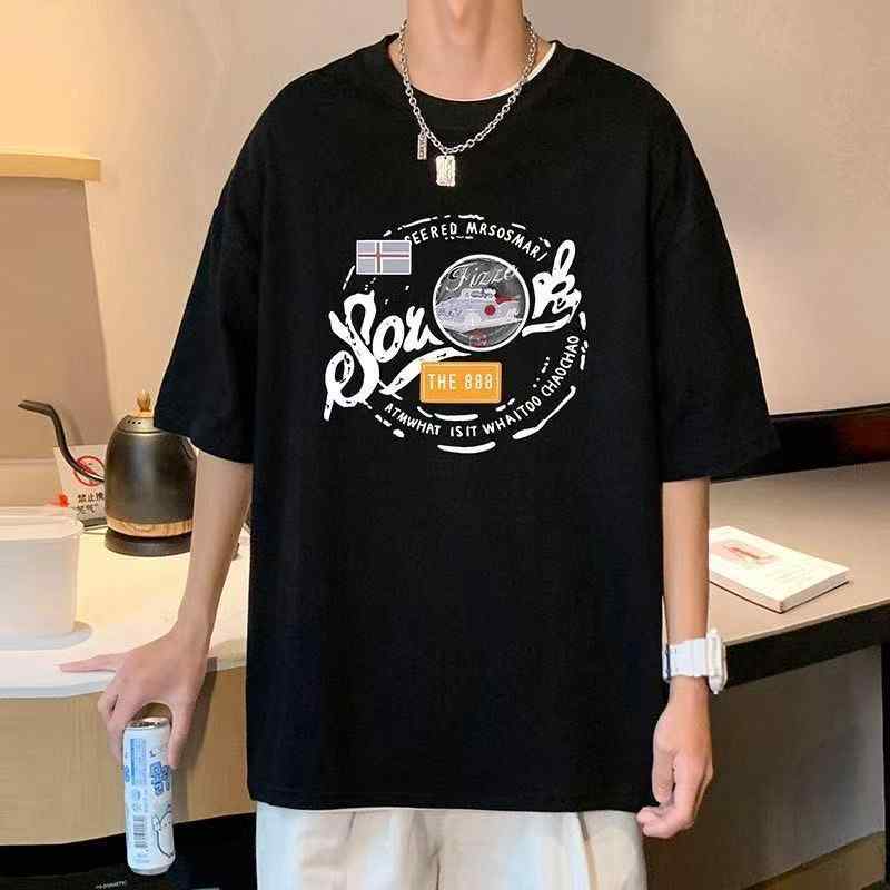 Rakuten - Tシャツ メンズ 半袖 学生服 夏 港風 韓国風 ゆったり トップス 薄手 ポリエステル プリント 落肩袖 クリエイティブ 柄 青少年 サイズ M L XL 2XL 3XL 4XL 5XL 白 黒 緑 柄 グラフィック ファッション カジュアル 日常使い