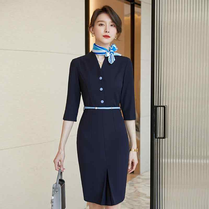 ワンピース レディース 春物 オフィス 膝丈 タイト 韓国風 OL 事務服 フォーマル 通勤服 仕事用 制服 営業職 受付 職業服 高級感 きれいめ 上品 伸縮性 動きやすい 形態安定 remake-buddy-10830388 リメイクバディー パッケージ画像