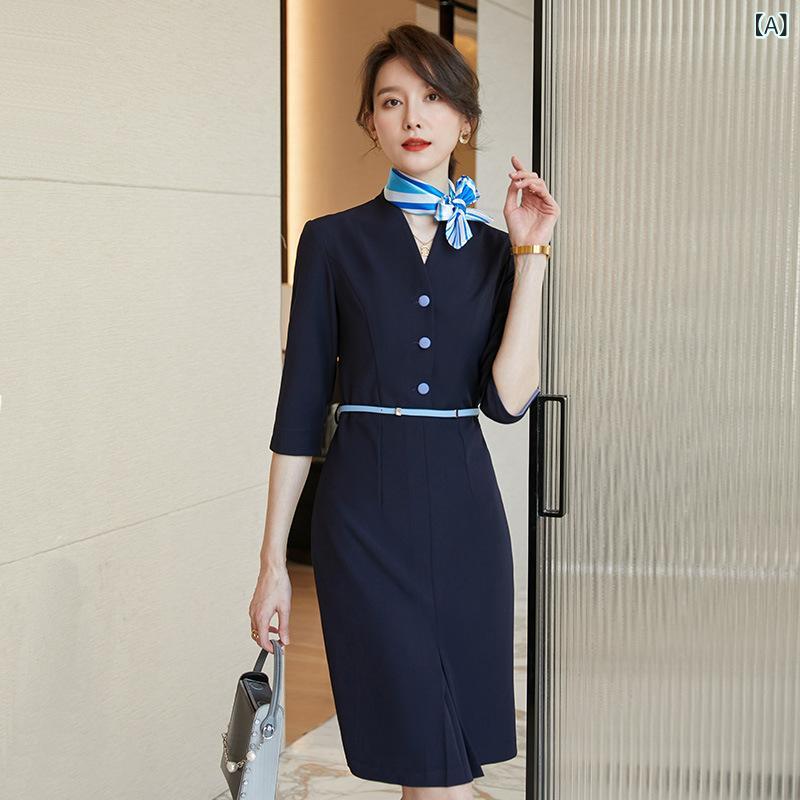 ワンピース レディース 春物 オフィス 膝丈 タイト 韓国風 OL 事務服 フォーマル 通勤服 仕事用 制服 営業職 受付 職業服 高級感 きれいめ 上品 伸縮性 動きやすい 形態安定 remake-buddy-10830388 リメイクバディー サンプル画像2