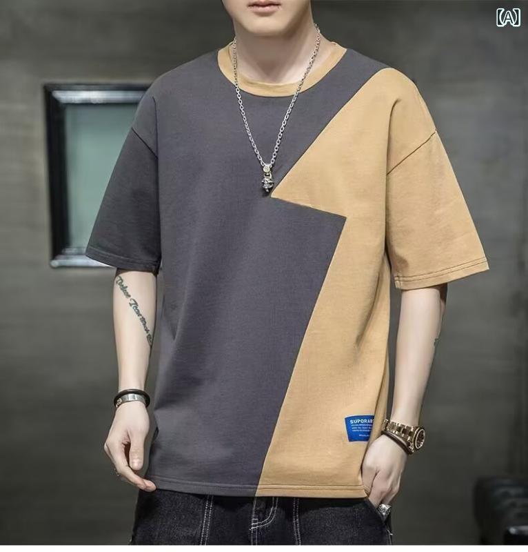 乐天商城 - Tシャツ メンズ レディース 丸首 短袖 ゆったり 切り替え ストライプ柄 薄手 コットン混紡 ポリエステル 夏 深灰 浅灰 青 ストリートファッション 日常使い 軽量 吸湿性 伸縮性 ビッグシルエット ゆったりトップス ユニセックス ベースレイヤー カ