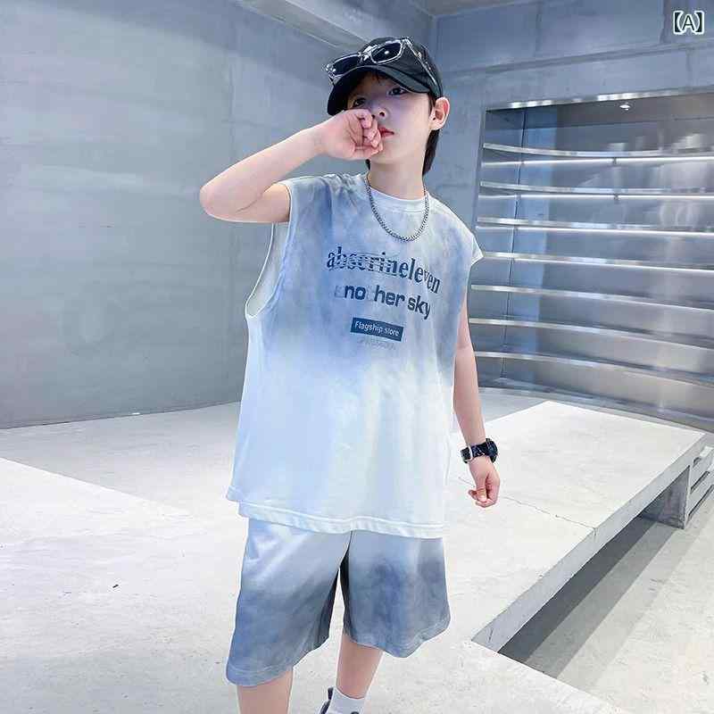 キッズ 男の子 トップス ショーツ セット 夏服 2025 韓流風 スタイリッシュ グラデーション タイダイ柄 短袖 薄手 柔らかい ポリエステル混紡 運動 字母プリント 印花 グレー オレンジ 120cm 130cm 140cm 150cm 160cm