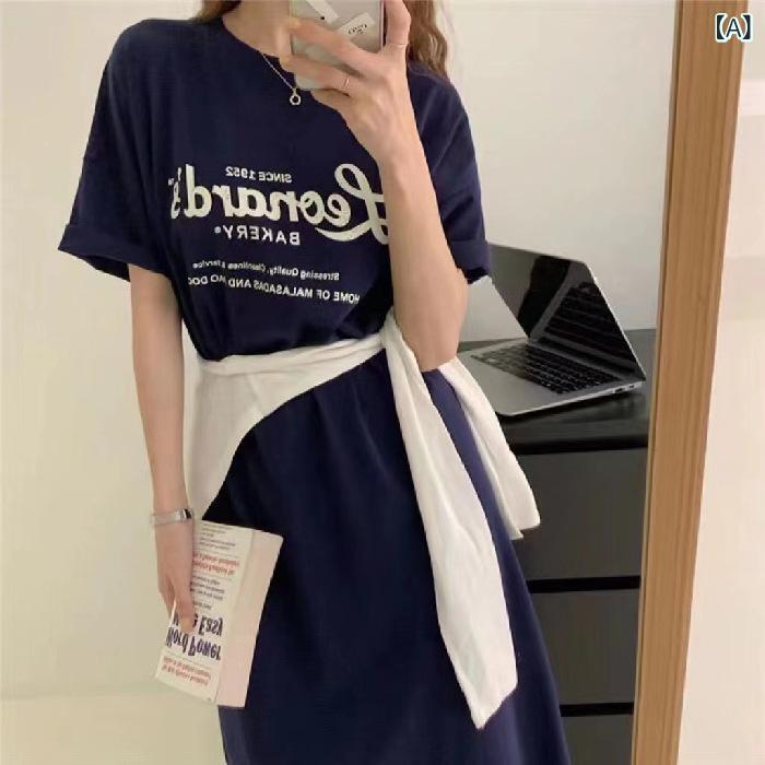 樂天商城 - ワンピース レディース 短袖 中長 開叉 A字 ルーズ シンプル プリント 韓国風 通勤 かわいい 甘め 爽やか 涼しい 涤纶 ポリエステル 素材 夏 春秋 女性 普段使い 気質 セットアップ 無し 単品 トップス ドレス ブラウス スカート 連体 服