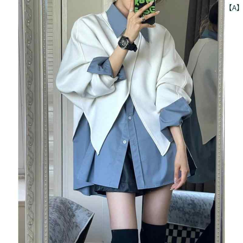 Three-Piece Set - レディース トップス セット 秋冬 ワイド 無地 シャツ デザイン ファッション 不規則 長袖 カバーアップ 2点セット 気質 通勤 スタイル 都市 風 ポリエステル 紡績繊維 95% 以上 コンテンツ ブルー ホワイト 長袖 通常 袖 長パン セット