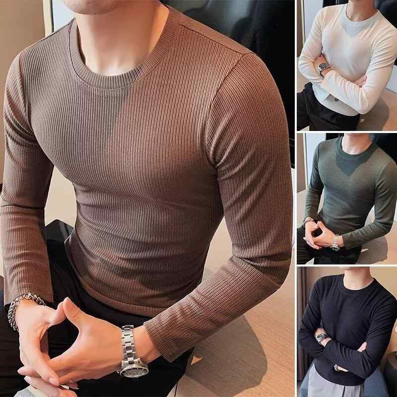 樂天商城 - メンズ Tシャツ 長袖 インナー トップス 修身 シンプル 合体型 丸首 セットインスリーブ ポリエステル 混紡 無地 黒 白 ブラウン 春秋 免烫 軽量 伸縮性 ゆったり フィット 日常 スポーツ カジュアル ファッション 都市スタイル 青年向け 18