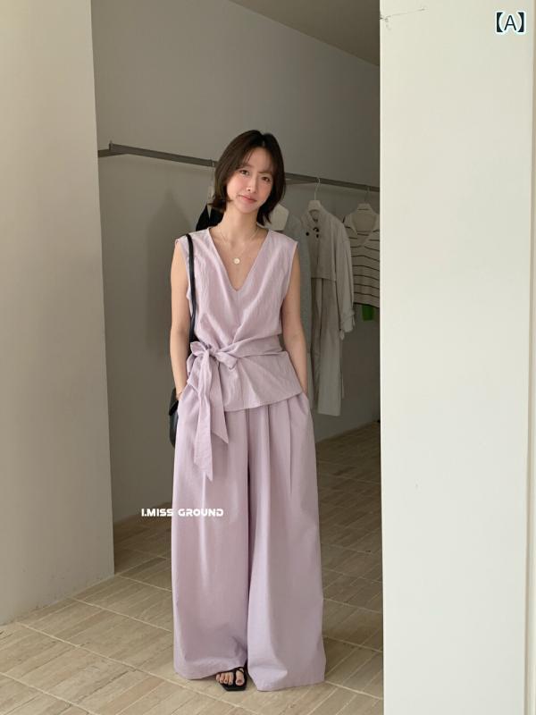 レディース セットアップ 無袖 背心 トップス サイド 紐 ワイド レギンス 長ズボン 麻 混 紡績 素材 夏 シーズン 天藍 粉紫 燕麥 カラーバリエ 通勤 スタイル 気品 ファッション カジュアル 休日 使い 軽やか シルエット 涼しい 着こなし 快