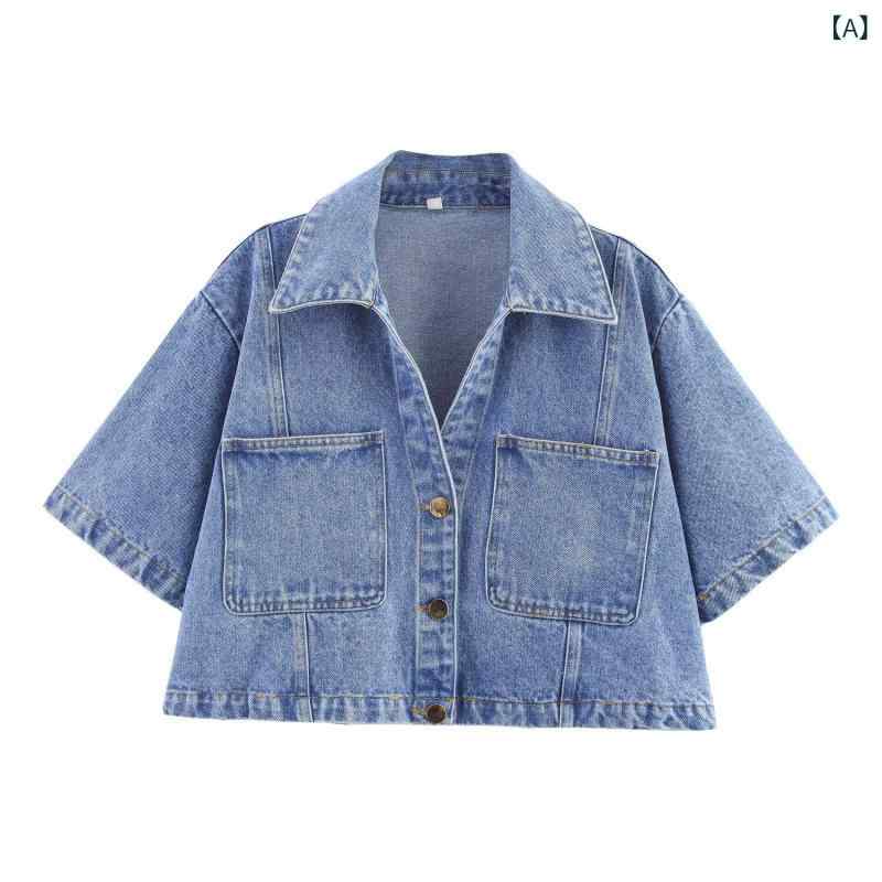 レディース デニム シャツ スカート パンツ セット 3分袖 3分丈 涤纶 70-80% ストリート デニム風 個性派 牛仔 トップス 半袖 ブラウス フレア ショートパンツ ハーフ 膝上 ポリエステル 混紡 コットンライク 軽量 通勤 普段使い デイリ