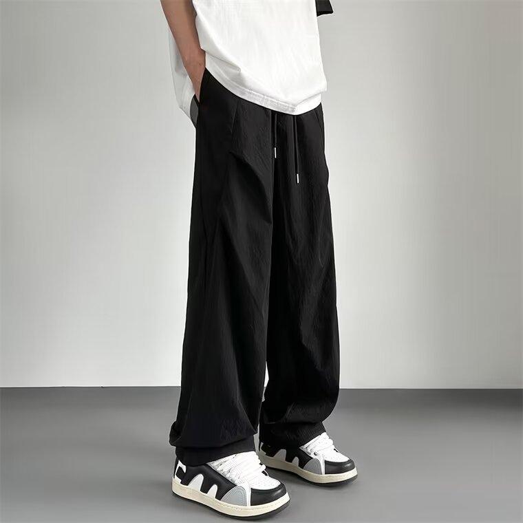 Pants - メンズ 工装パンツ 春秋 男性用 韓国風 ゆったり 直筒 長ズボン 中腰 無腰帯 紐締め 薄手 無地 ポリエステル混紡 ポリエステル95%以上 弾性 ミックスファブリック 黒 浅灰 免アイロン ゆったりフィット ミリタリー ストリート アクティブ ティー