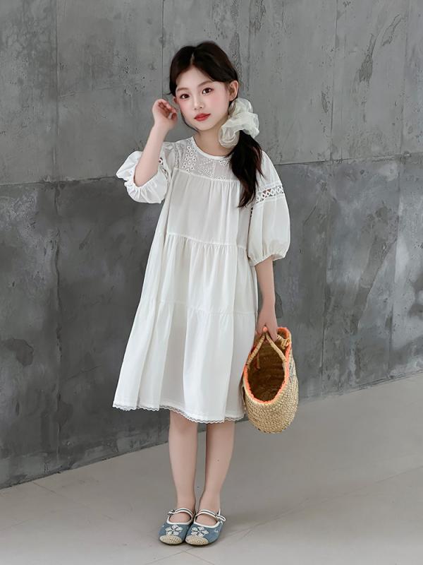 Rakuten - 女の子 ワンピース 泡泡袖 ドレス 短袖 プリンセス スカート 夏 綿 かわいい A字 柔軟 素材 女児 ドレス 子供服 夏服 韓国風 ファッション 130cm 140cm 150cm 160cm 170cm 180cm 白色