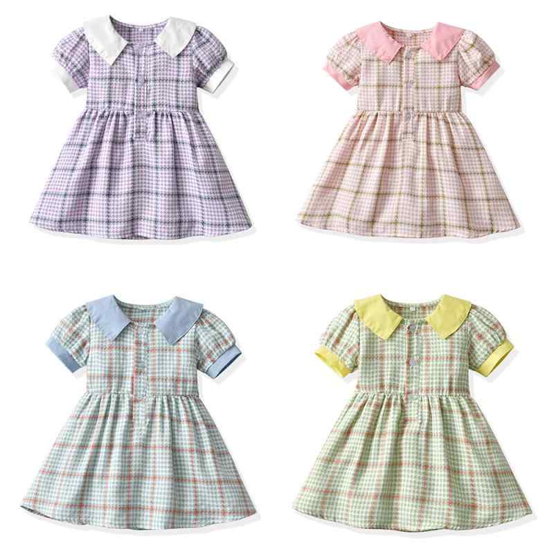 女の子 ワンピース 夏 格子柄 フリルカラー 泡袖 短袖 ウエストイン プリンセススカート 綿素材 かわいい 3-8歳 中小童 100-140cm 柔軟 実物撮影 スカート ドレス フレアスカート 子供服 女児