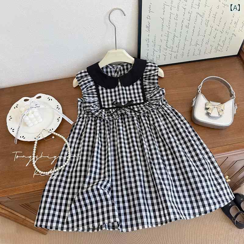 Dresses - 女の子 ワンピース 黒白 無袖 格子柄 コットン 春夏 かわいい プリンセススカート 綿素材 柔らかい 甘い 清新 スタイル 子供 女児 3-8歳 90-140cm 適合 プリーツ デザイン 夏用 トップス ドレス ガールズファッション 日常着