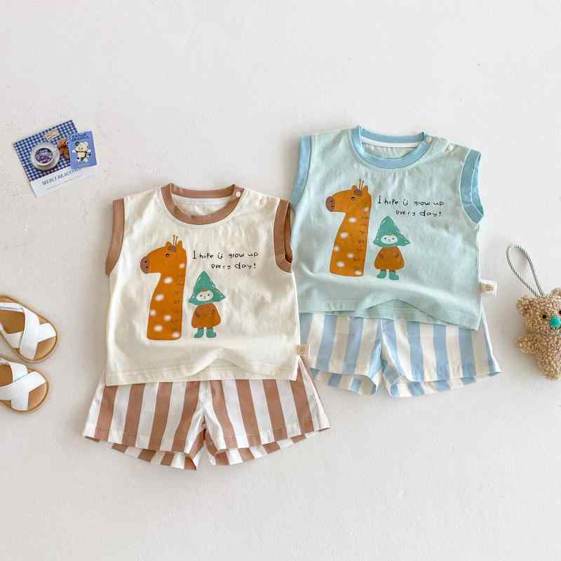 女の子 Tシャツ 短パン セット 夏服 綿素材 丸首 短袖 条紋 柄 かわいい キャラク...