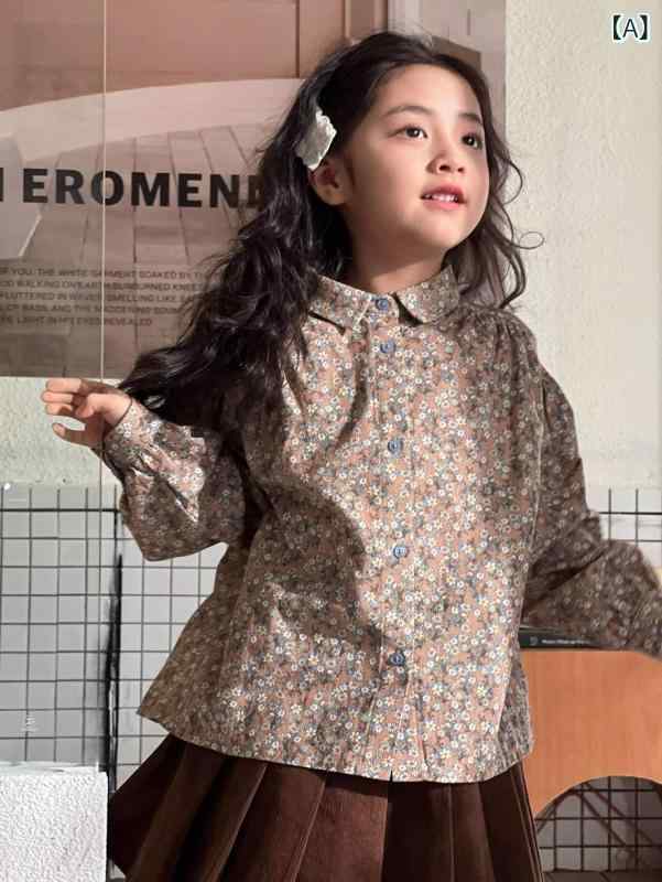 女の子 トップス セット 春秋 ニット ベスト 花柄 シャツ 長袖 綿 かわいい 田園 プリンセス スタイル ブラウン 花柄