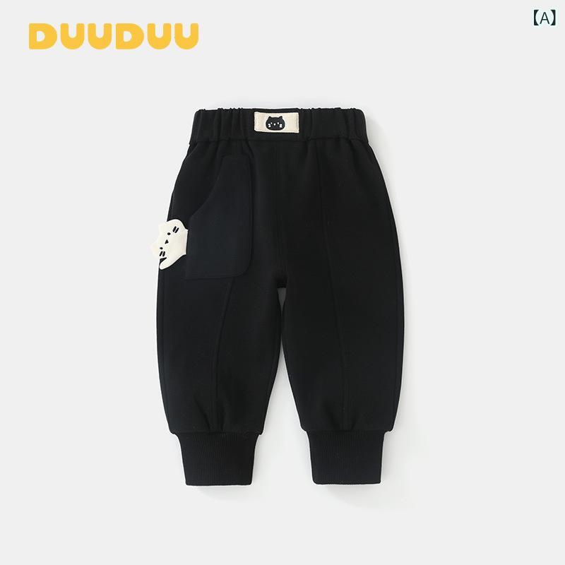 Long-Trousers, Trousers - キッズ 男の子 女の子 長ズボン 猫柄 黒 綿 ポリエステル スパンデックス 柔らかい 素材 長パン 子供服 ベビー 幼児 1-3歳 80-120cm 開き 股 ミドル ウエスト ゴム 腰紐 シンプル カラトゥーン パターン 韓国風 カジュアル スタイル