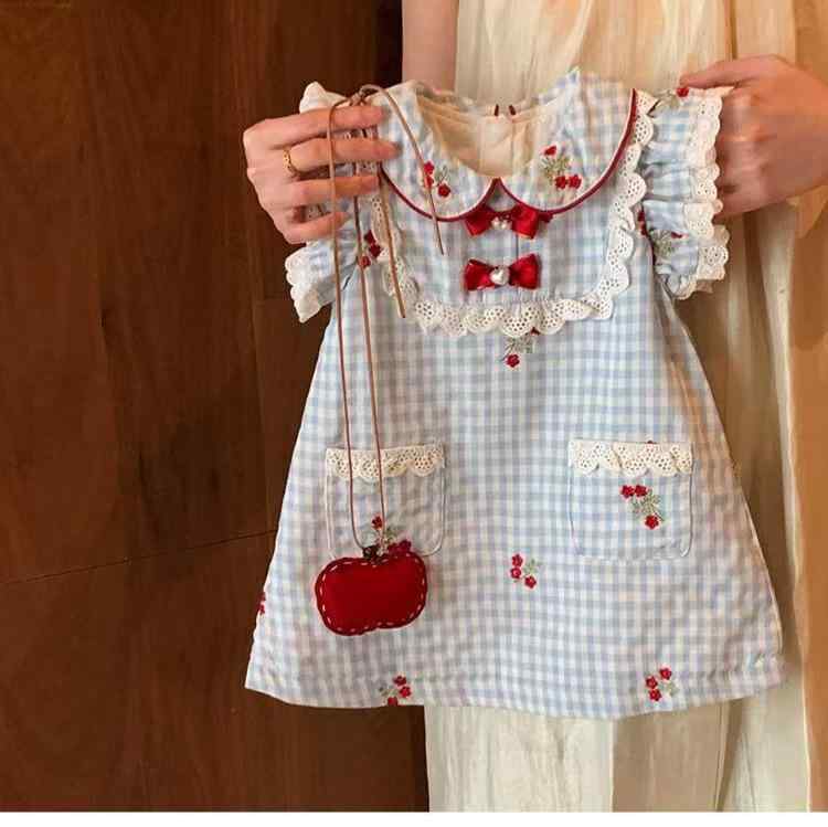 女の子 ワンピース 格子柄 無袖 Aライン 夏 綿混紡 柔らかい生地 花辺 かわいい プリンセス スタイル ブルー 蝶結び 3-8歳 80-130cm