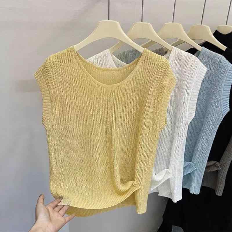 無袖Tシャツ レディース ニット トップス 夏季 レイヨン素材 接触冷感 切り替えデザイン 丸首 ゆったりシルエット 通勤 かわいい シンプル 白色 黄色 グレー ライトブルー