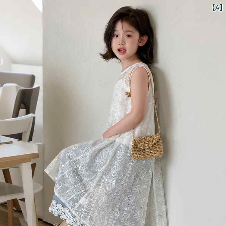 女の子 トップス ノースリーブ セット 夏服 薄手 柔らかい レイヨン ポリエステル 100% 純色 かわいい 親子 プリンセス 柄 レース トッ..