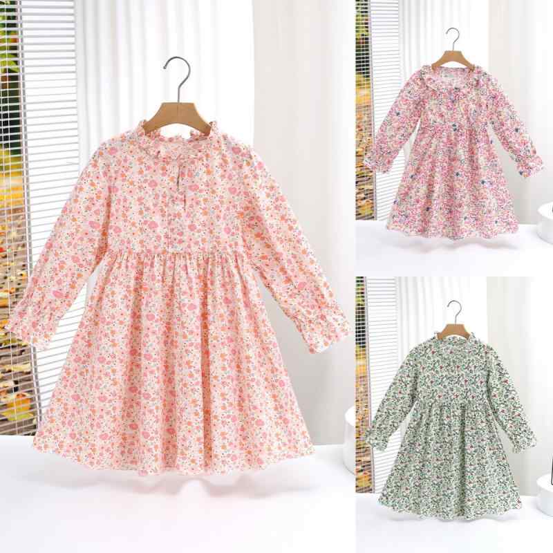 樂天商城 - 女の子 ワンピース 秋冬 長袖 フレアスカート 綿 100% 子供服 かわいい 花柄 プリント 抽象柄 Aライン 3〜8歳 90〜160cm 春秋 花色 ピンク グリーン プリンセス スタイル 洋気 スカート ドレス ベビー トップス キッズ ファッショ