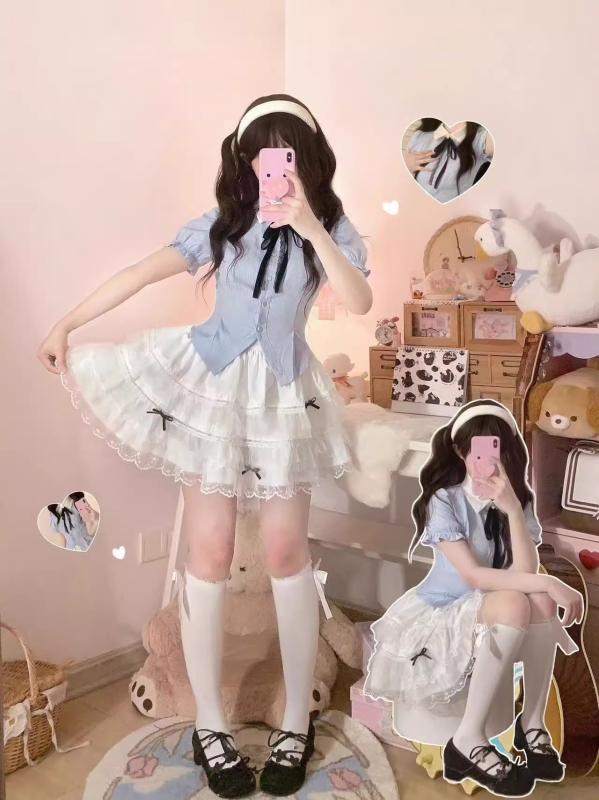 レディース セットアップ ポロカラー シャツ スカート かわいい 撞色 デザイン 高腰 フレア シルエット 夏 無袖 姫袖 雪ニール 混 スパンデックス ストレッチ 軽量 涼しい 通勤 デート 私服 御姐風 私服 名媛 スタイル ブルー 爽やか 清新 減
