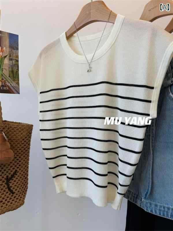 ・カテゴリ: Tシャツ・スタイル: 通勤風・柄: 条紋・スタイル: セットアップ・袖丈: ノースリーブ・加工: ステッチ・フィット: ルーズフィット・着丈: 普通丈(50cm<着丈≤65cm)・ネックライン: クルーネック・流行要素: なし・カラー展開: ホワイト、イエロー、ネイビー・サイズ展開: フリーサイズ・主な素材: その他・主な素材含有率: 30%（含）-50%（不含）