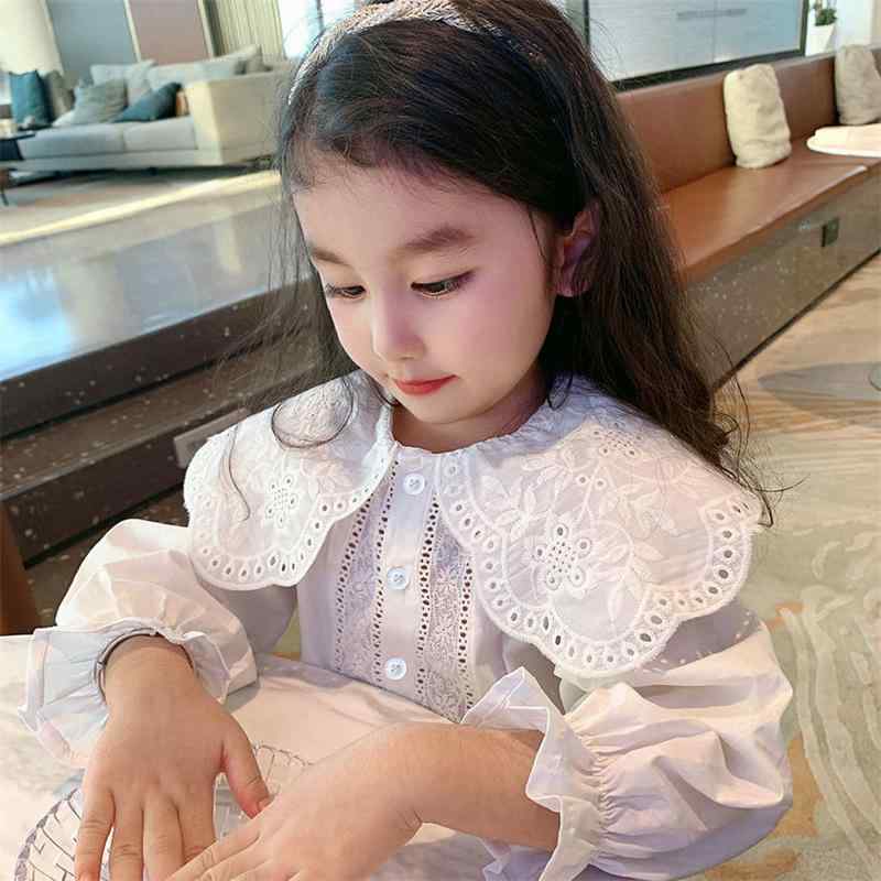 女の子 シャツ トップス 長袖 レース フリル 襟 綿 白 柔らかい 花辺 トレンド 春...