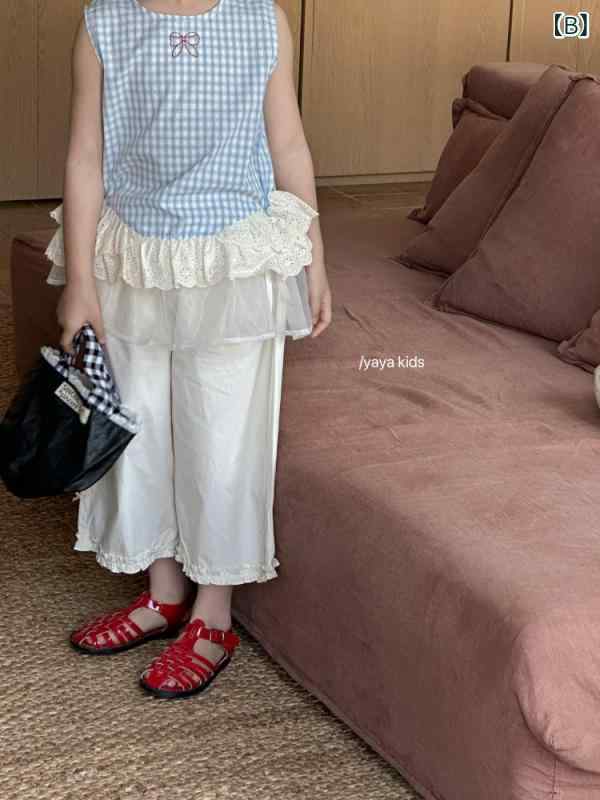 女の子 トップス 無袖 セット 夏 綿 柔らかい 丸首 格子柄 花辺 刺繍 韓国風 かわ...