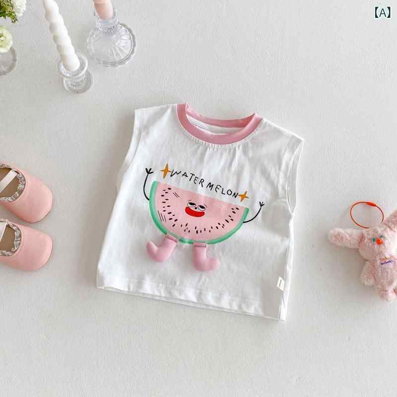 女の子 Tシャツ 無袖 夏 綿 柔軟 丸首 かわいい カード 柄 トレンド 韓国風 月光白...