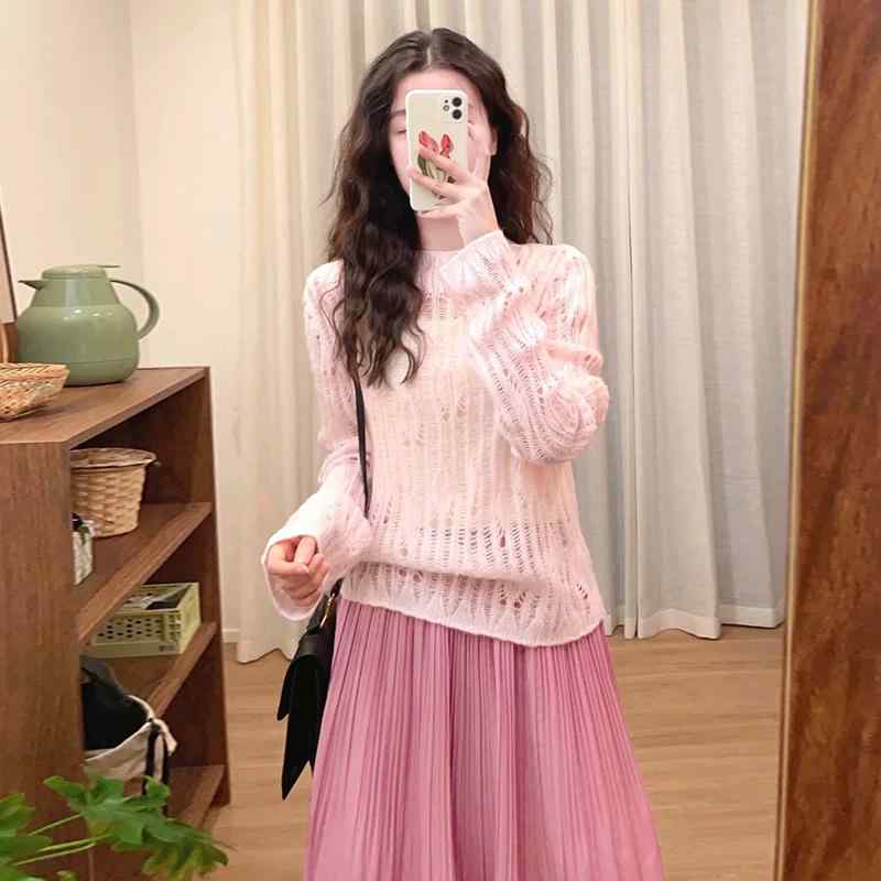 樂天商城 - レディース セットアップ ワンピース ピンク 長袖 長丈 スカート 秋 雪ニール ストレッチ 私服 気質 御姐風 公主袖 早秋 休闲 套装