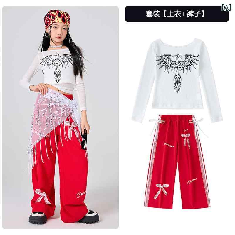 Three-Piece Set - キッズ ダンス衣装 女の子 男の子 ジャズダンス ヒップホップ ストリートダンス 練習服 演出服 セットアップ 長袖トップス 長ズボン 蝶結び ニット素材 化繊 ポリエステル 柔らかい 韓風 オールシーズン 白 黒 赤 ステージ用 練習着 ダンスウェア