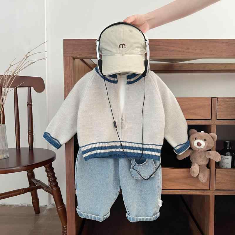 Dresses - キッズ 毛衣 男の子 女の子 春秋 長袖 ジップアップ 切り替え 丸首 ニット トップス 柔らかい 普通厚 条紋 柄 腈纶 混 針織 生地 ベビー 服 インファント 童 ユニセックス コットン 調 暖か 普段使い 外出 オシャレ コーデ 66-110cm