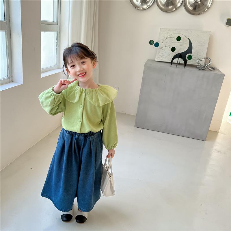 Dresses - 女の子 開衫 コート 春秋 長袖 翻領 ボタン 3層 レース フリル 綿 毛呢 素材 抽象 柄 トレンド グレー ピンク 緑 かわいい 普段使い 軽量 通学 100-140cm 中小児
