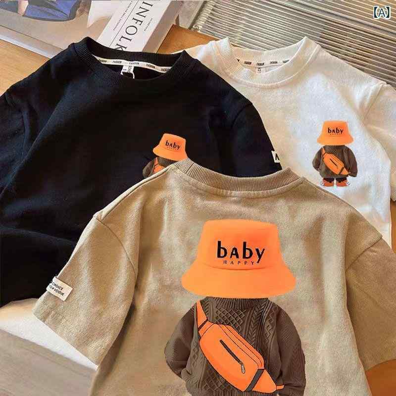 子供 Tシャツ 男の子 女の子 短袖 綿 トップス 夏服 ベビー 打底 丸首 柔らかい 素材 かっこいい スタイリッシュ 90-140cm 白色 黒 ベージュ