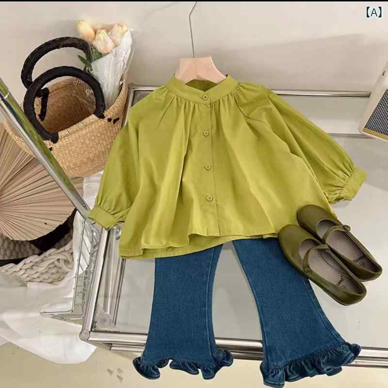 女の子 服 セット トップス シャツ 長袖 緑 コットン 素材 柔らかい 生地 長ズボン...