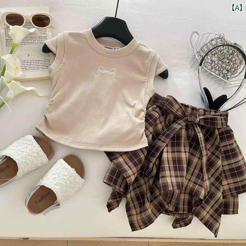 女の子 服 セットアップ 飛袖 Tシャツ 不規則 格子 短い スカート 2点セット かわ...