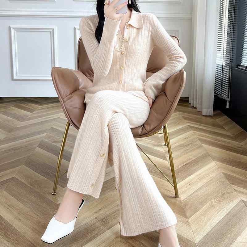 Three-Piece Set - レディース ニット セットアップ 秋冬 羊毛 長袖 長ズボン トップス ボトムス 純色 丸首 修身 ドローストリング 気質 通勤 スタイル 優雅 甘美 清新 グレー 黒 キャラメル ベージュ 95% 以上 温かみ 柔らか 軽量 スタイリッシュ コーディネ