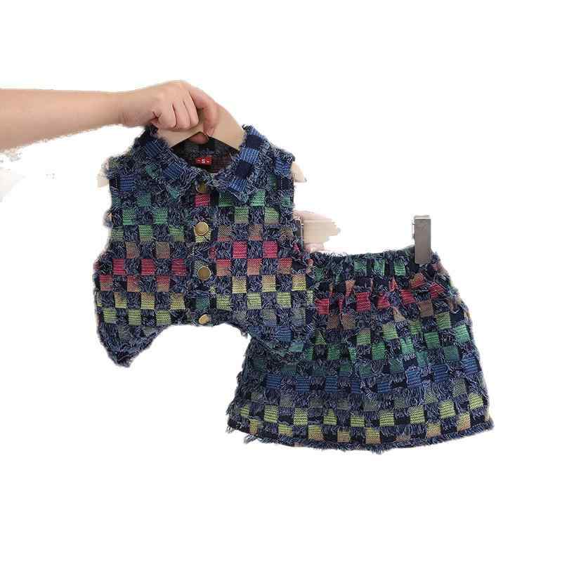 乐天商城 - 女の子 服 無袖 格子 牛仔 スカート パンツ セット 夏 キッズ 服装 トップス ボトムス 綿 柔軟 薄手 かわいい ピッチ スタイリッシュ 子供 洋服 1-3歳 80-120cm