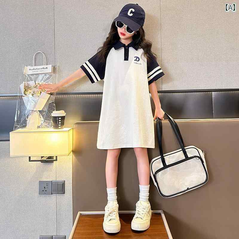 乐天商城 - 女の子 ワンピース 連衣裙 韓版 夏 短袖 ポロシャツ トップス 子供服 スカート 綿素材 65% 柔軟加工 純色 杏色 A字 袖なし 字母柄 女児 8歳以上 140cm以上 日常使い 軽やか 快適 伸縮性 通気性 シンプル かわいい 普段着 遊園地 学