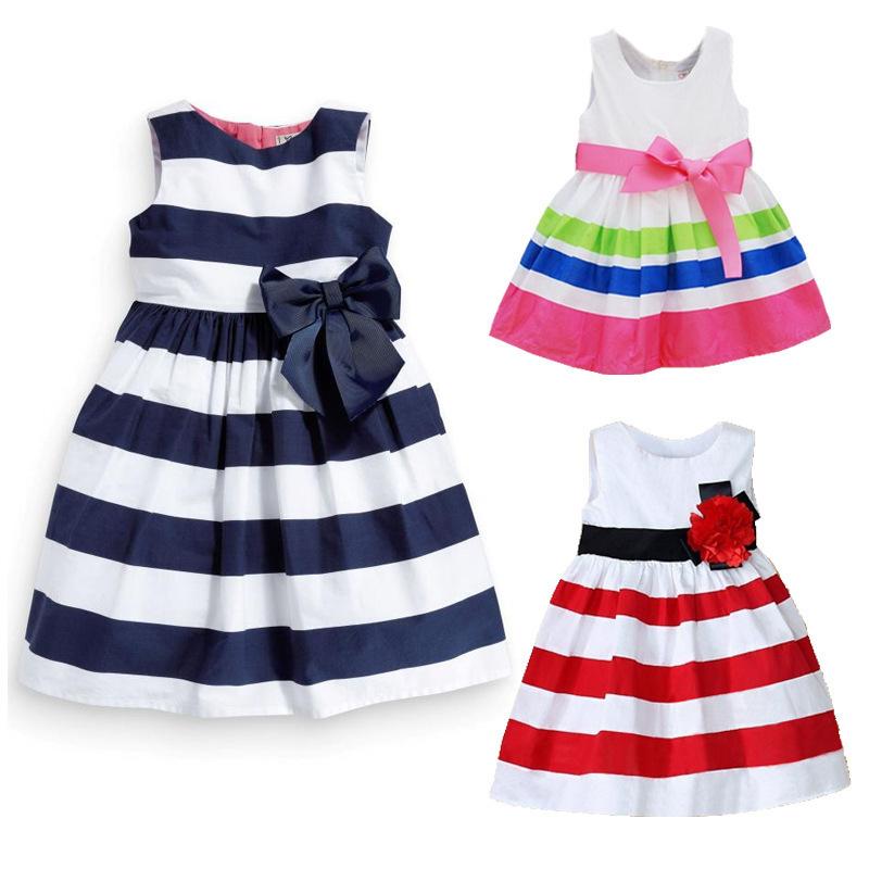 Dresses - 女の子 ワンピース 夏 コットン 綿素材 基本款 ストライプ柄 蝶結び プリンセス ライン 女児 子供服 トップス ドレス かわいい 柄物 コットン100% 夏服 女の子用 2-7歳 基本スタイル 縞模様 リボン アクセント かわいいデザイン 綿混 夏向
